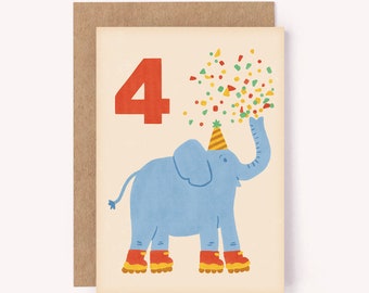 Age 4 Elephant Birthday Card - 4th Birthday Card | Kids 4th Bday Card | Milestone Card | Fourth Birthday Card | Age 4 Card | Elephant Card