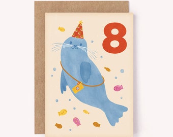 Age 8 Seal Birthday Card - Kids 8th Birthday Card | 8th Bday Card | Cute Milestone Card | Eight Birthday Card | Age 8 Card | Seal Card