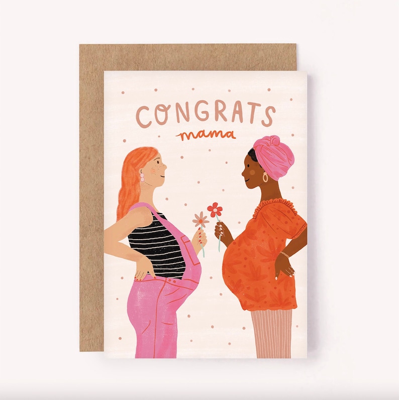 Congratulate a new Mama or with this illustrated greeting card. Colourful design features two pregnant women holding a flower each as they smile at each other. Perfect for a baby shower, congratulate an expecting Mum or as a gift for a new parent
