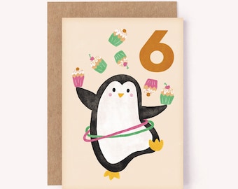 Age 6 Penguin Birthday Card - 6th Birthday Card | Kids 6th Bday Card | Cute Milestone Card | Sixth Birthday Card | Age 6 Card | Penguin Card