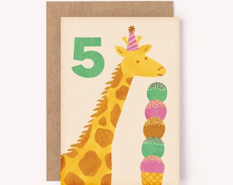 Age 5 Giraffe Birthday Card - 5th Birthday Card | Kids 5th Bday Card | Cute Milestone Card | Fifth Birthday Card | Age 5 Card | Giraffe Card