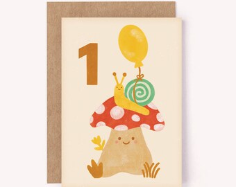 Age 1 Mushroom Snail Birthday Card - Kids Cute 1st Birthday Card | Milestone Bday Card | First Birthday Card | Age 1 Card | Mushroom Card