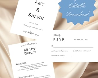 Wedding Invitation Minimalist Elegant Digital Editable Wedding Invitation Printable Downloadable Wedding Invitation RSVP Card Details Card