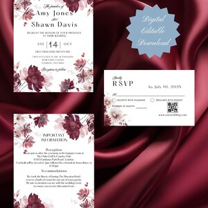 Collezione Autunno Borgogna Bellissimo download digitale Invito a nozze modificabile Dettagli RSVP Autunno Borgogna floreale con mirtillo rosso