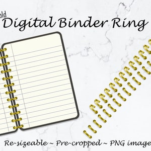 May include: Gold digital binder ring, a set of pre-cropped PNG images for digital planners and scrapbooking. The ring is shown open, with a notebook on the left and the ring on the right.