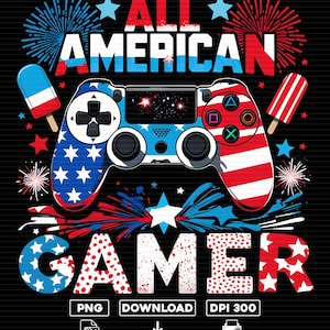 Pode incluir: Um design gráfico com um comando de videojogos com o padrão da bandeira americana em vermelho, branco e azul. O texto ALL AMERICAN GAMER está rodeado por fogo de artifício, gelados e estrelas num fundo preto. Inclui PNG, DOWNLOAD, DPI 300.