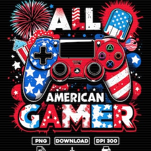 Puede incluir: Un diseño gráfico que muestra un mando de videojuegos con un patrón de bandera estadounidense en rojo, blanco y azul. El texto ALL AMERICAN GAMER aparece en letras negritas. El fondo incluye fuegos artificiales, un helado y estrellas.