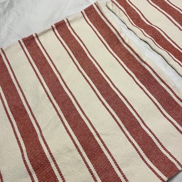 Pottery Barn Pillow Covers Stripes Red Cream Woven Cotton Reversible PAIR VINTAGE 24” Square