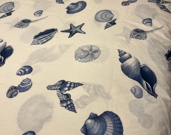 Pottery Barn Duvet Cover FULL QUEEN Coastal Blue White Cotton Seashells Starfish Seahorses Sand Dollars