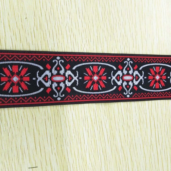 60sVintage folk, woven jacquard ribbon trim, Geometric Flower, Jim Morrison/The Doors replica shirt trim, 2 in/5cm width Red/White/black