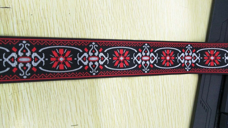 60sVintage folk, woven jacquard ribbon trim, Geometric Flower, Jim Morrison/The Doors replica shirt trim, 2 in/5cm width Red/White/black image 1