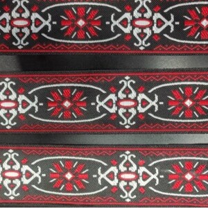 60sVintage folk, woven jacquard ribbon trim, Geometric Flower, Jim Morrison/The Doors replica shirt trim, 2 in/5cm width Red/White/black image 2