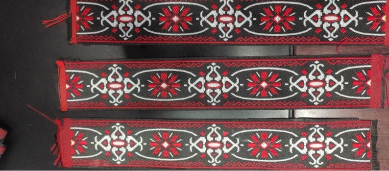 60sVintage folk, woven jacquard ribbon trim, Geometric Flower, Jim Morrison/The Doors replica shirt trim, 2 in/5cm width Red/White/black image 2