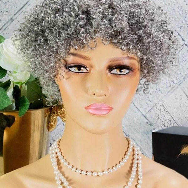 Short Silver Grey Curly Bob Wig For Lady Non Lace Human Hair