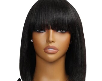 No Glue Top Lace Wigs 10 Inch YaKi Bob Human Hair Straight with Bangs