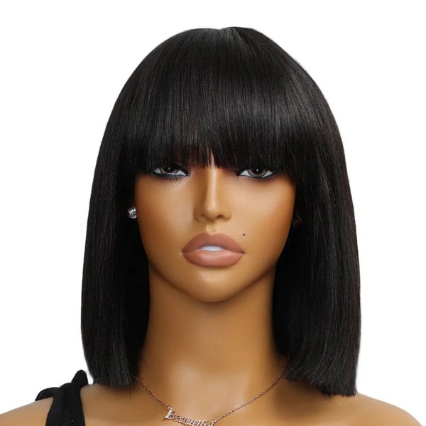 No Glue Top Lace Wigs 10 Inch YaKi Bob Human Hair Straight with Bangs