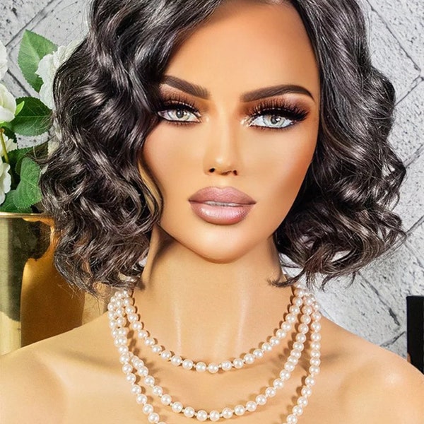 Short Wavy Salt & Pepper Bob Wig For Lady Non Lace