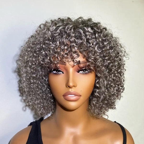 Silver Grey Salt and Pepper Curly Bob Wig Non Lace Human Hair