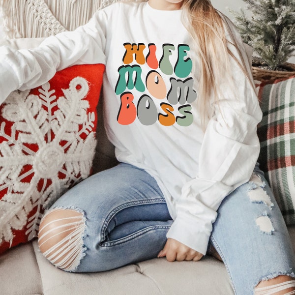Wife Mom Boss Long Sleeve Tee | Vintage Washed Mom Tshirt | Womens Tshirts | Womens Clothing | Holiday Gifts | Christmas Gifts | Mom Gifts
