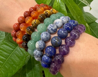 Juego de pulseras con cuentas de piedra natural de 7 chakras, pulsera de chakras, amatista, lapislázuli, sodalita, aventurina, ojo de tigre, cornalina, jaspe