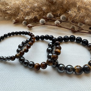 Triple Protection Bracelet, Hematite, Black Obsidian, Tiger’s Eye, Strength, Healing Energy, Spiritual Protection, Luck and Prosperity