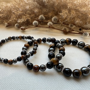 Triple Protection Bracelet, Hematite, Black Obsidian, Tiger’s Eye, 925 Sterling Silver, Strength, Healing Energy, Spiritual Protection