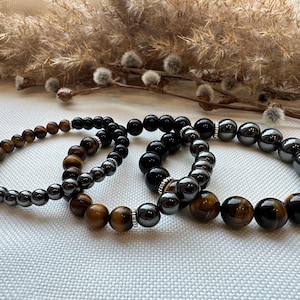 Triple Protection Bracelet, Hematite, Black Obsidian, Tiger’s Eye, 925 Sterling Silver, Strength, Healing Energy, Spiritual Protection