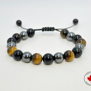 Triple Protection Adjustable Bracelet, Hematite, Black Obsidian, Tiger’s Eye, Luck and Prosperity, 8mm Beads, Spiritual Healing Energy Gift