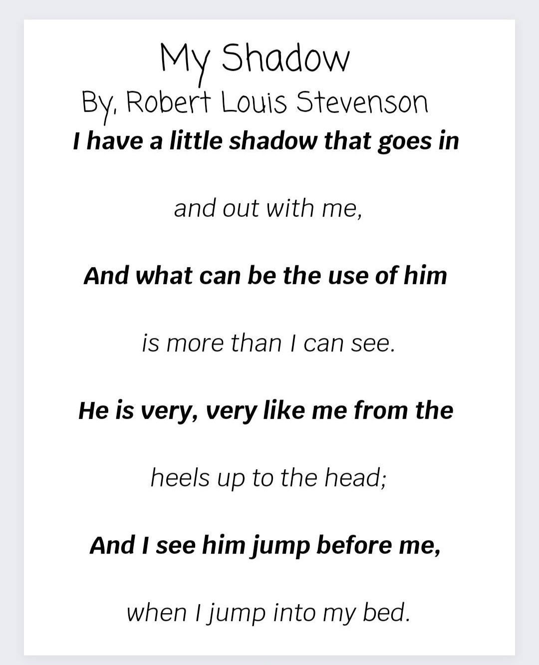 My Shadow by Robert Louis Stevenson Poem Morning Time Basket Homeschool