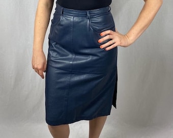 1980’s GIMO’s navy blue leather pencil skirt S