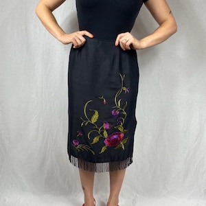 1990’s Clio NWT black silk floral embroidered midi skirt