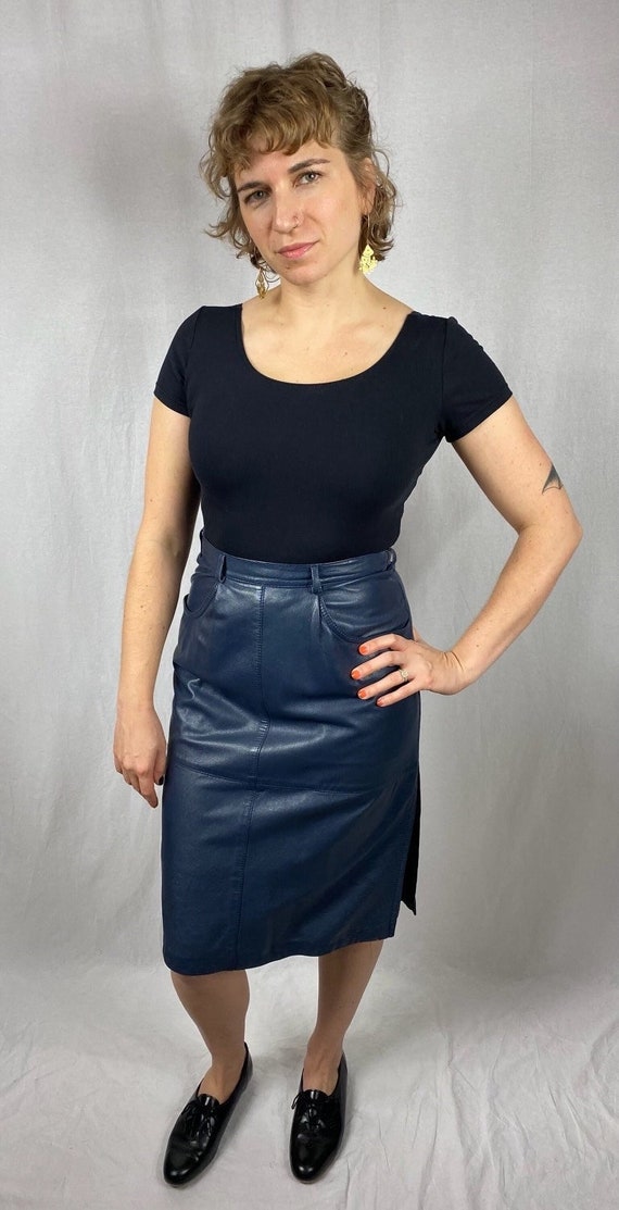1980’s GIMO’s navy blue leather pencil skirt S