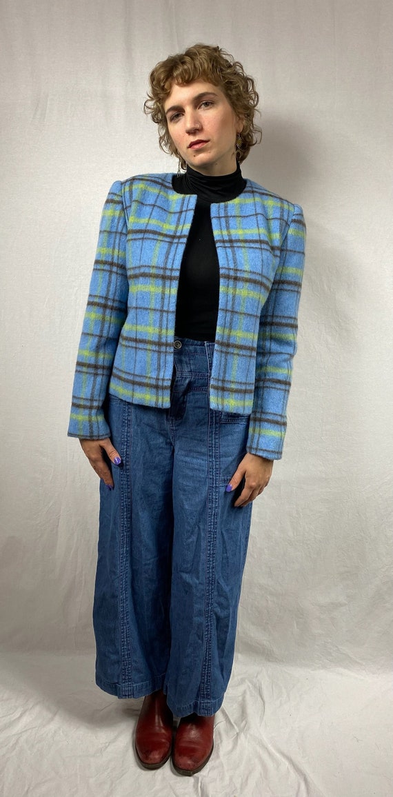 1990s cornflower blue plaid wool blend crop jacket