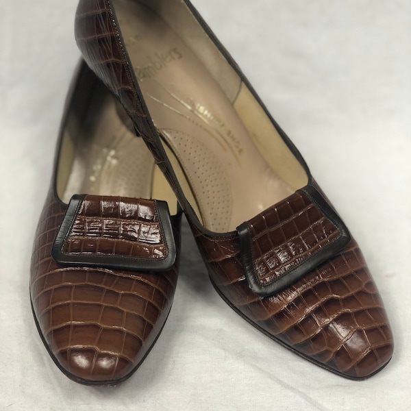 1960s brown faux croc Florsheim Ramblers pilgrim style heels 6