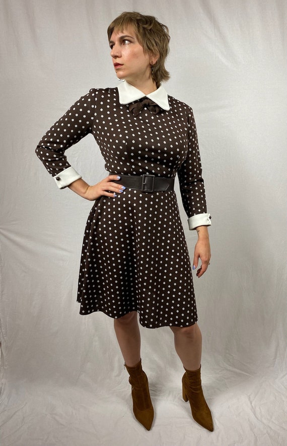 1970s brown polka dot long sleeve dress M