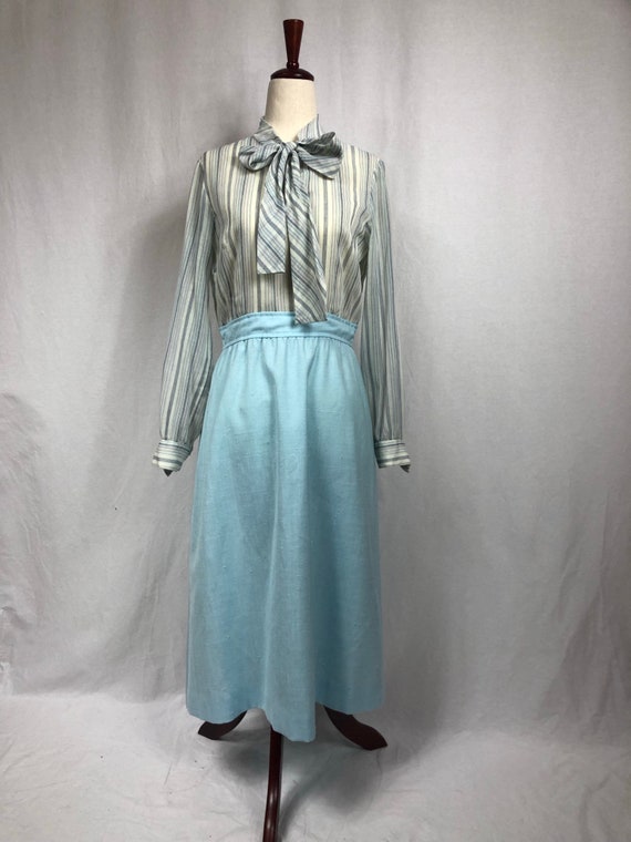 1970s blue stripe dress with pussy bow and removab