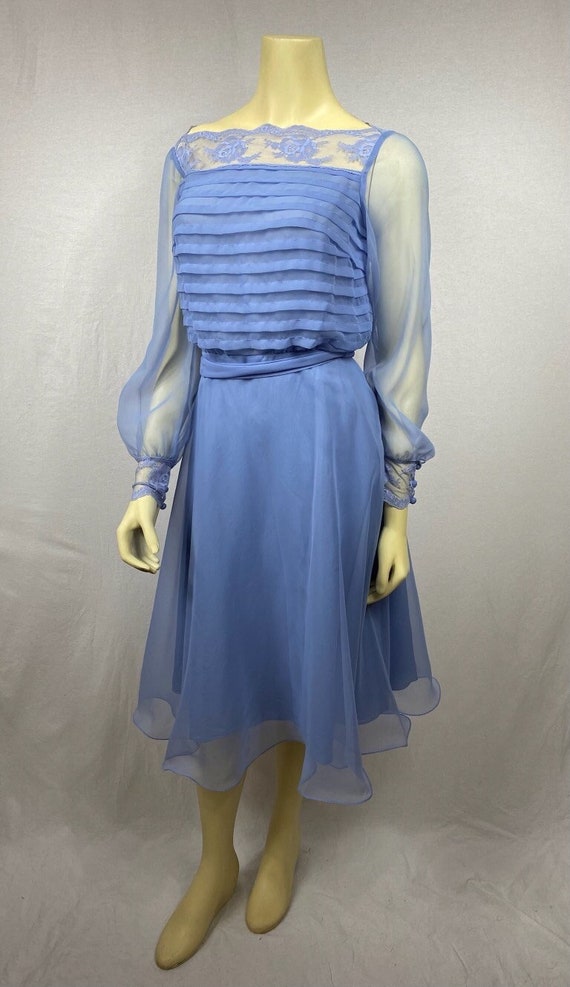 1960s periwinkle belted chiffon dress with sheer o