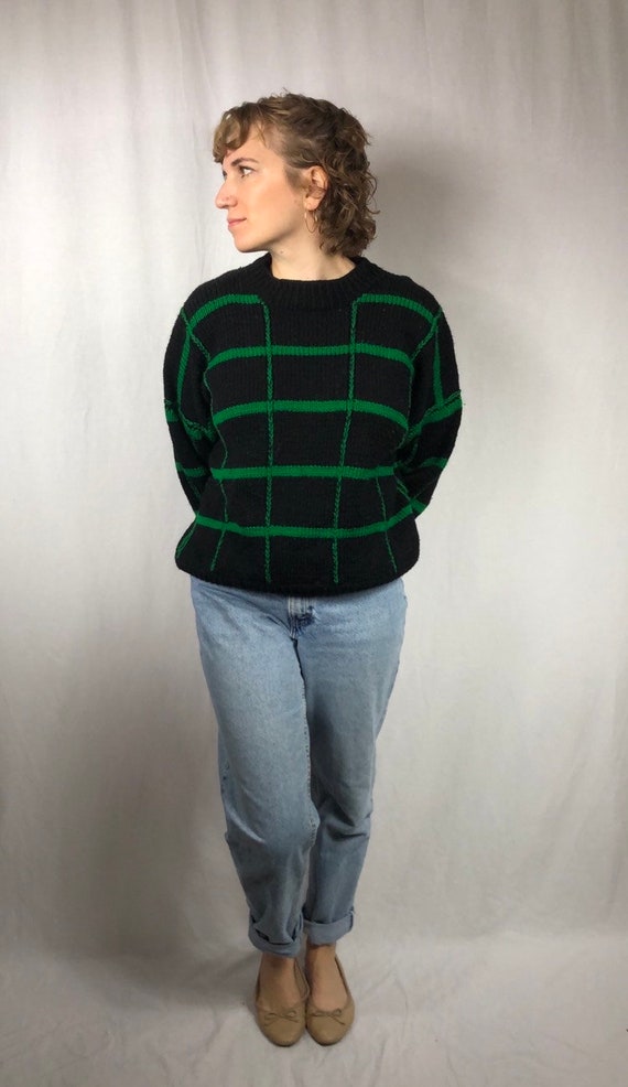 1980s blue and green geometric handmade wool swea… - image 1