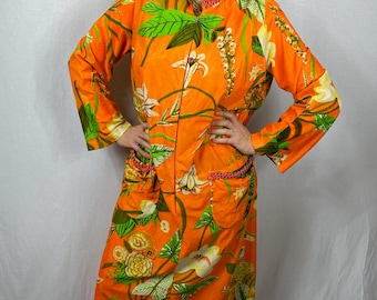 1970s handmade orange tropical floral print house dress M L