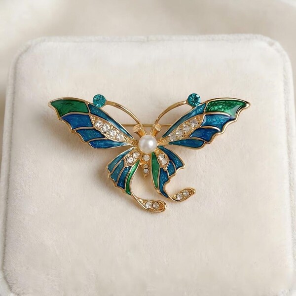Blauw emaille vlinderbroche, vintage stijl insectenspeld voor trui, natuurliefhebber sieraden cadeau, Moederdag cadeau verpakt, insecten reversspeld