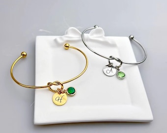 Personalized Friendship Knot Bangle, Initial & Birthstone Charm