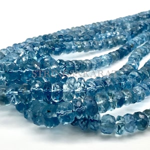 Grade AAA+ Natural BLUE AQUAMARINE Beads, Faceted Rondelle Real Blue Bead, Gemstone Birthstone 3 To 5.5mm, 46 Ct/Strand, 16&quot; Full Length