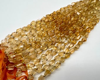 CITRINE FACETED NUGGETS Shape Beads Natural Golden Yellow Citrine Gemstone Laser Cutting Loose Beads, Size 6x7mm To 7x9mm, Strand 7.5"