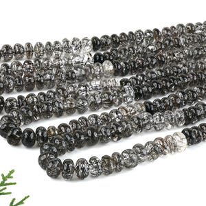 BLACK RUTILE QUARTZ Smooth Rondelle Beads Natural Rutilated Quartz Gemstone Amazing Quality Loose Beads, 6mm To 8.50mm, 16&quot; Full Strand