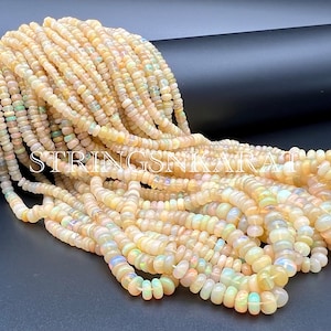 NATURAL Yellow Shaded ETHIOPIAN OPAL Handmade Beads, Multi Fire Opal Smooth Rondelle Shape Gemstone Plain Bead, 3mm To 5mm, 16&quot; Length