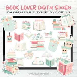 Book Lover Digital Planner Stickers, PNG Reading Stickers, Books Clipart, Bookworm Stickerbook, Reading Clipart, Goodnotes Stickers