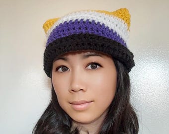 Crochet Nonbinary Pride Cat Ear Beanie: Striped Kitty Winter Hat