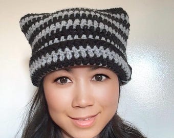 Gorro de invierno de acrílico hecho a mano con orejas de gato de crochet