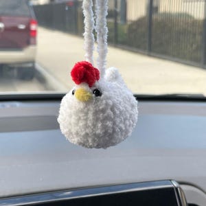 Crochet Fuzzy Chicken Car Hanger Plushie Farm Animal Mini Amigurumi Cute Stuffed Animal Amigurumi Decoration Crochet Bird Car Charm Gift