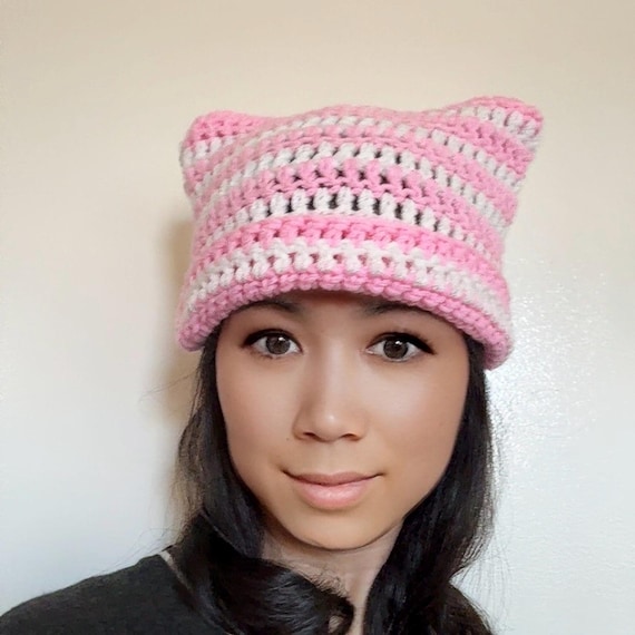 Pink White Crochet Cat Ear Beanie: Handmade Acrylic Kitty Hat